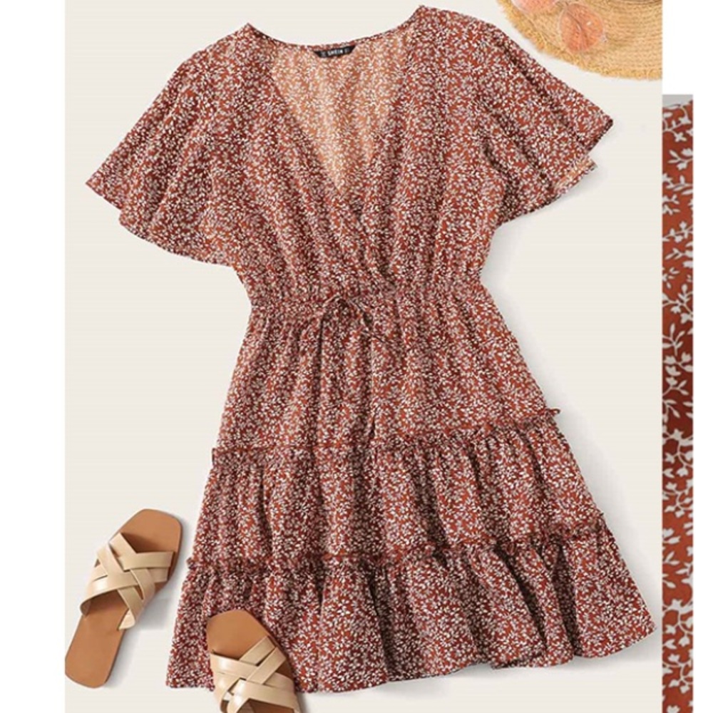 Shein Flutter Sleeve Frill Trim Tiered Wrap Dress